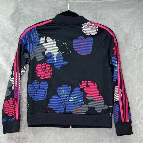Adidas Girls Black Floral Printed‎ 3-Striped Zip Up Tricot Jacket AP4532 Sz L 14 - Picture 7 of 13